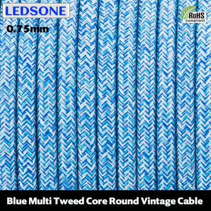 3 Core Round Fabric Cable 0.75mm – 4 m to 10 m - Blue Tweed, 10 m