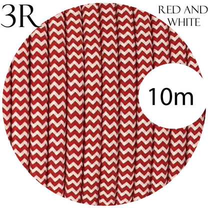 3 Core Round Fabric Cable 0.75mm – 4 m to 10 m - Red & White, 10 m