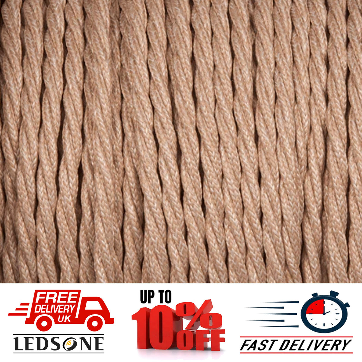 3 Core Twisted Fabric Cable 0.75mm – 20 m to 100 m Reels - Light Gold, 20 m