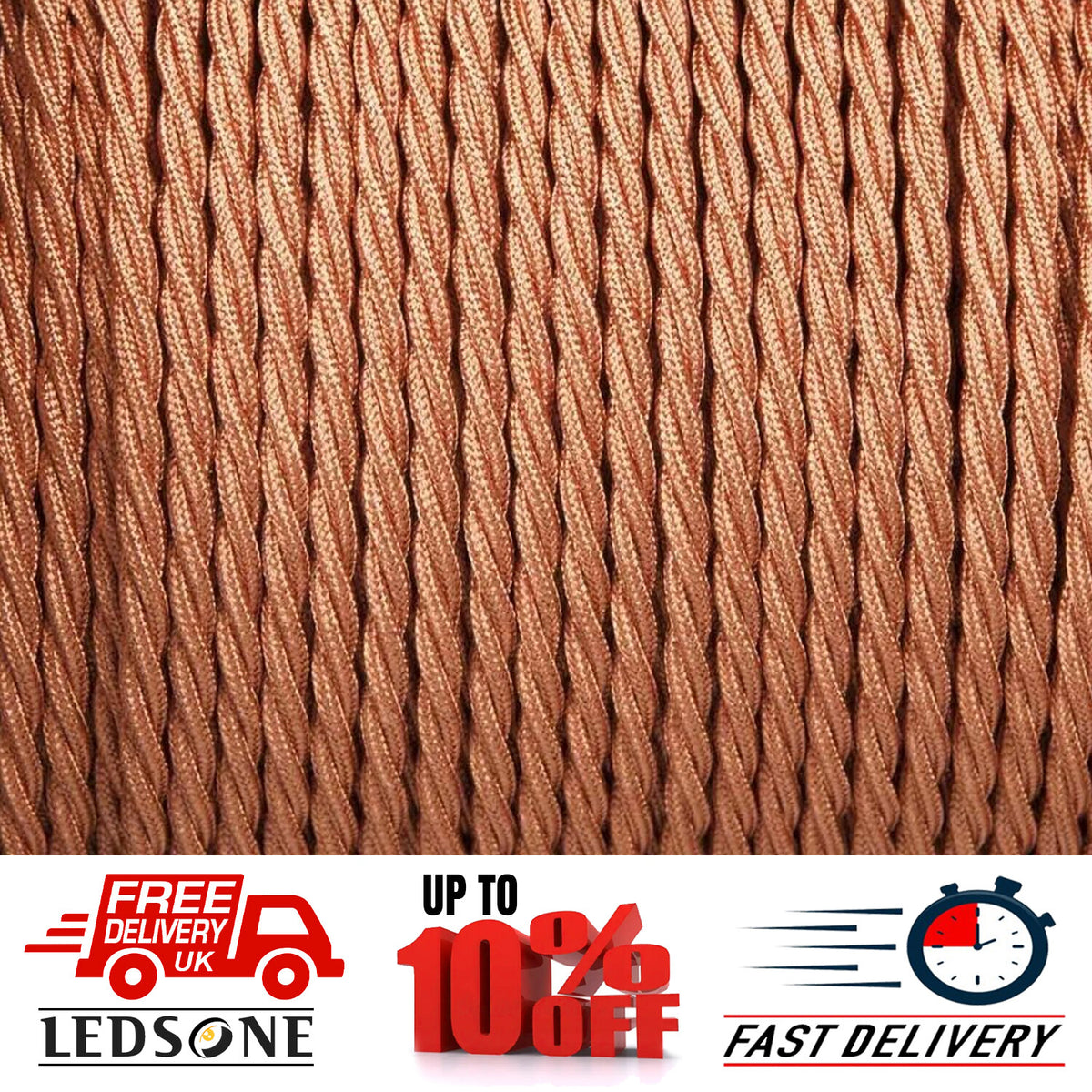 3 Core Twisted Fabric Cable 0.75mm – 20 m to 100 m Reels - Rose Gold, 20 m