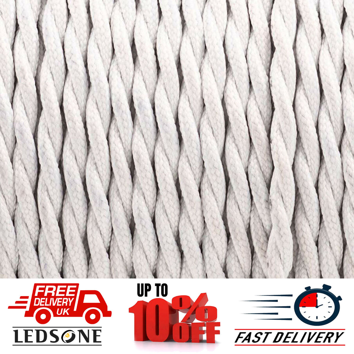 3 Core Twisted Fabric Cable 0.75mm – 20 m to 100 m Reels - White, 20 m