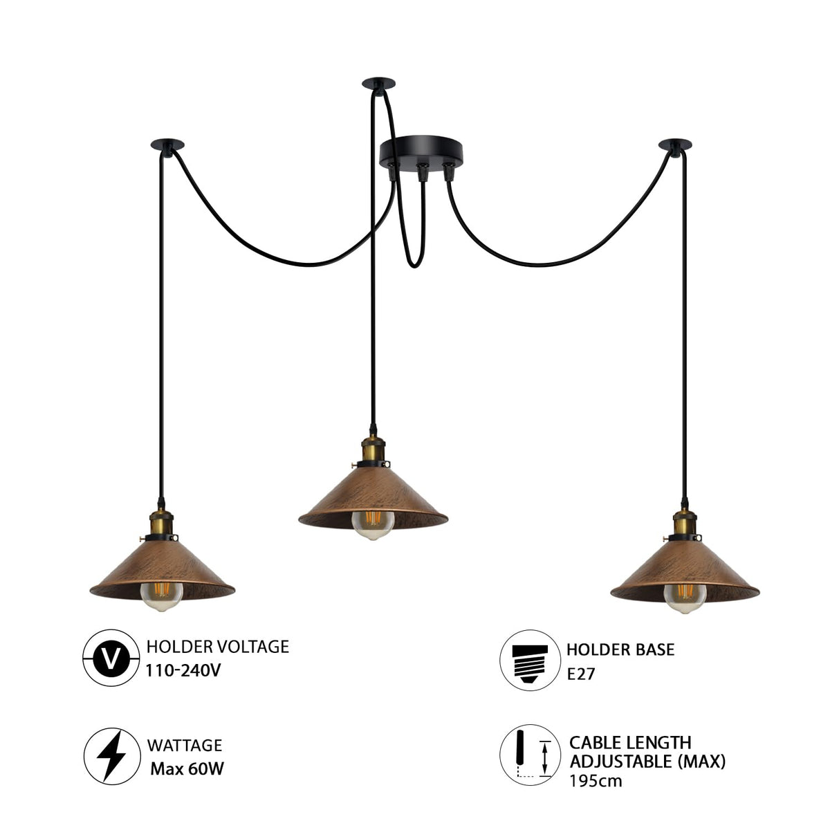 3-Light Spider Pendant – Flat Cone Shades, 12 Colours, E27 - photo 4