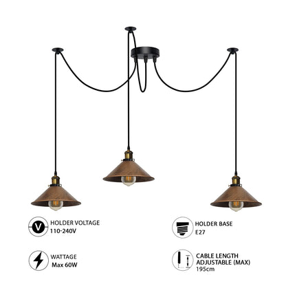 3-Light Spider Pendant – Flat Cone Shades, 12 Colours, E27 - photo 4