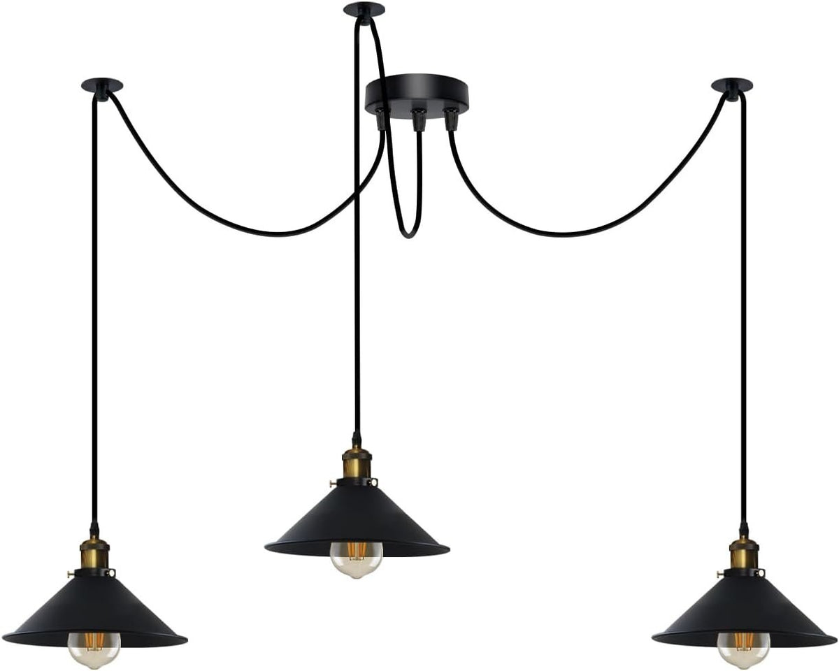 3-Light Spider Pendant – Flat Cone Shades, 12 Colours, E27 - Yellow Brass, Flat Cone 22 cm Black, Without Bulb