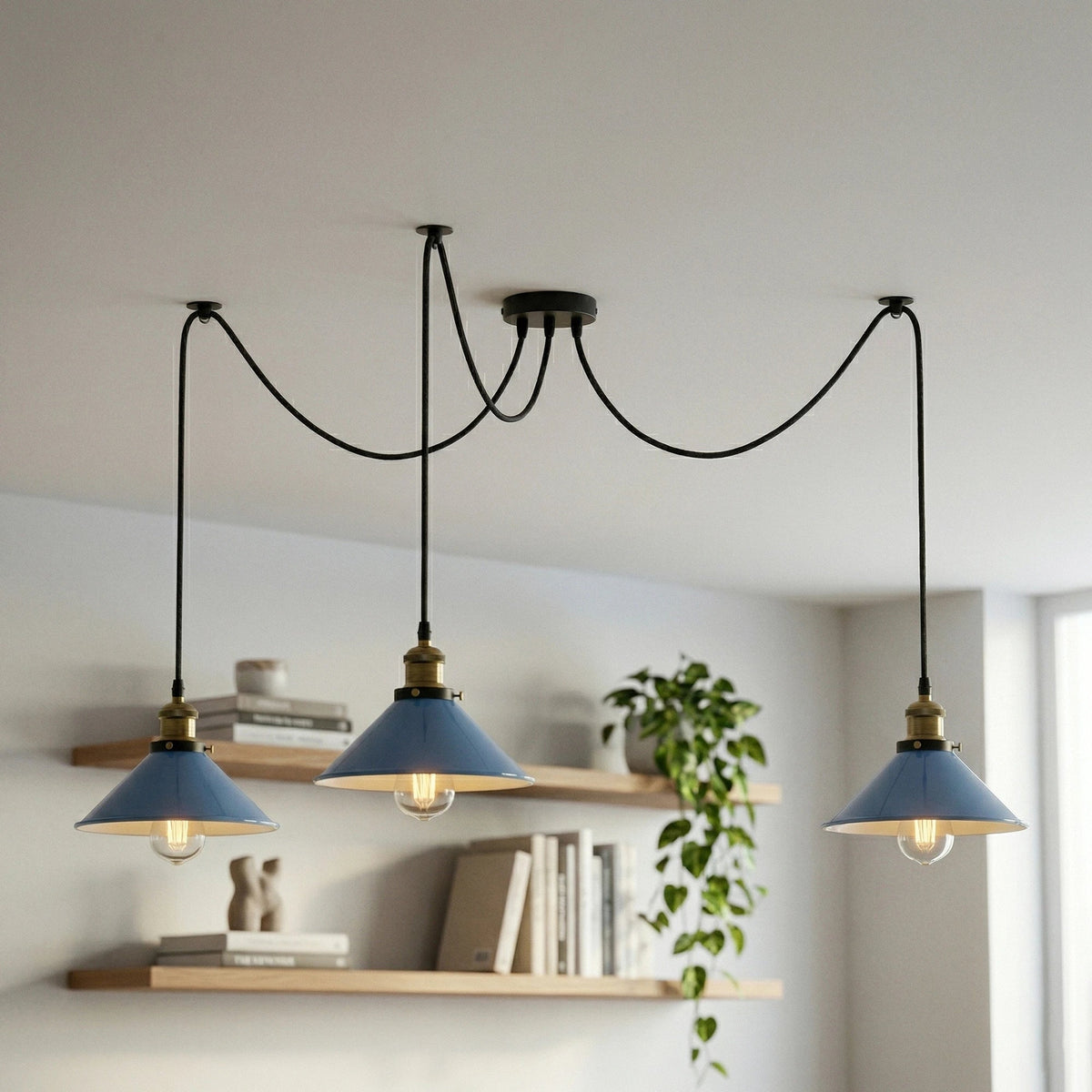 3-Light Spider Pendant – Flat Cone Shades, 12 Colours, E27 - Yellow Brass, Flat Cone 22 cm Blue, Without Bulb