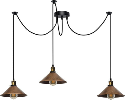 3-Light Spider Pendant – Flat Cone Shades, 12 Colours, E27 - Yellow Brass, Flat Cone 22 cm Brushed Copper, Without Bulb