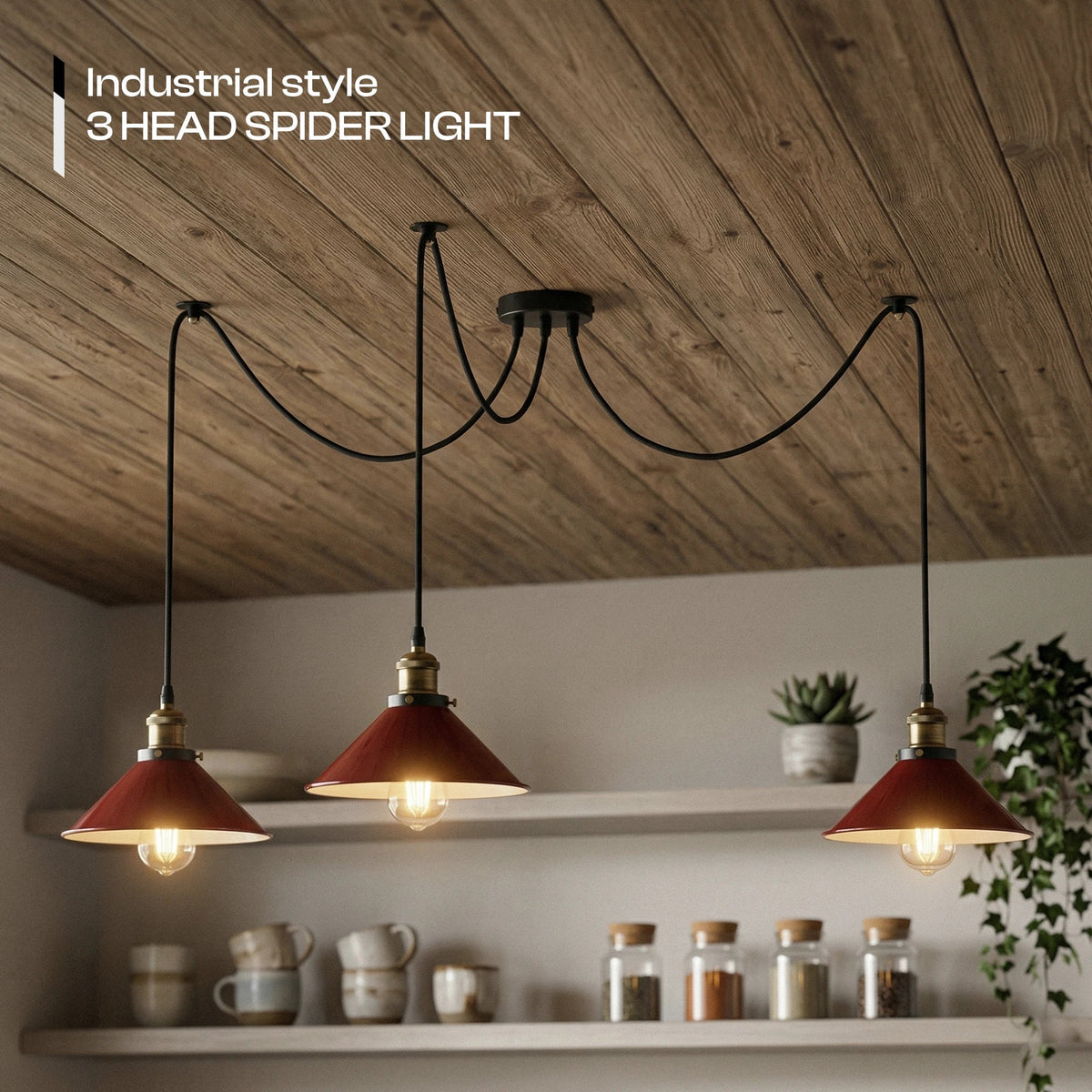 3-Light Spider Pendant – Flat Cone Shades, 12 Colours, E27 - Yellow Brass, Flat Cone 22 cm Burgundy, Without Bulb