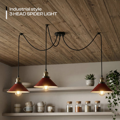 3-Light Spider Pendant – Flat Cone Shades, 12 Colours, E27 - Yellow Brass, Flat Cone 22 cm Burgundy, Without Bulb