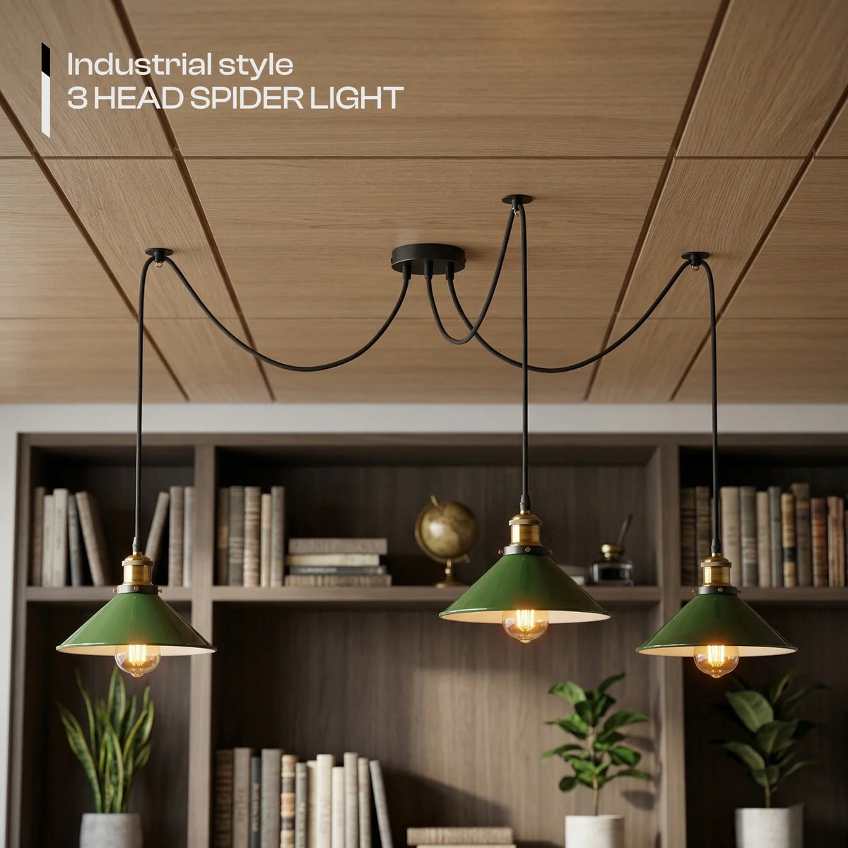 3-Light Spider Pendant – Flat Cone Shades, 12 Colours, E27 - Yellow Brass, Flat Cone 22 cm Green, Without Bulb