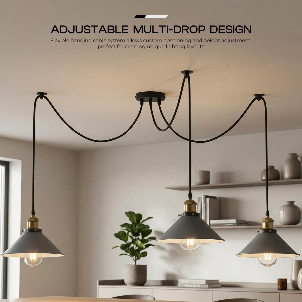 3-Light Spider Pendant – Flat Cone Shades, 12 Colours, E27 - Yellow Brass, Flat Cone 22 cm Grey, Without Bulb