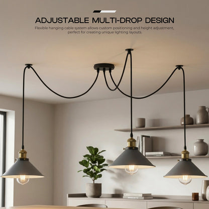 3-Light Spider Pendant – Flat Cone Shades, 12 Colours, E27 - Yellow Brass, Flat Cone 22 cm Grey, Without Bulb