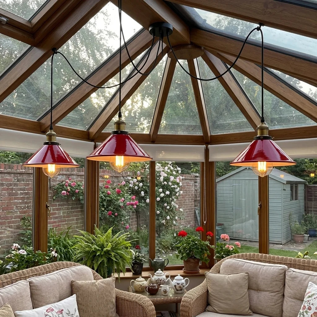 3-Light Spider Pendant – Flat Cone Shades, 12 Colours, E27 - Yellow Brass, Flat Cone 22 cm Red, Without Bulb