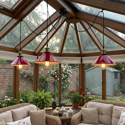 3-Light Spider Pendant – Flat Cone Shades, 12 Colours, E27 - Yellow Brass, Flat Cone 22 cm Red, Without Bulb