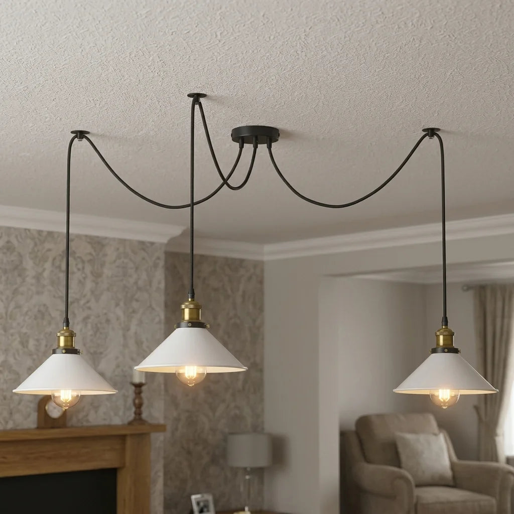 3-Light Spider Pendant – Flat Cone Shades, 12 Colours, E27 - Yellow Brass, Flat Cone 22 cm White, Without Bulb