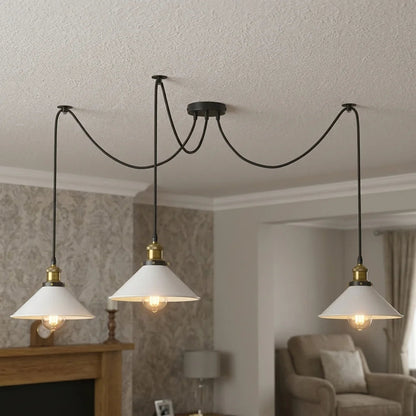 3-Light Spider Pendant – Flat Cone Shades, 12 Colours, E27 - Yellow Brass, Flat Cone 22 cm White, Without Bulb