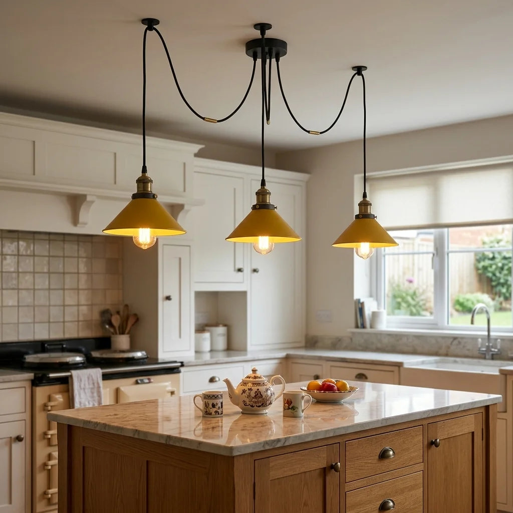 3-Light Spider Pendant – Flat Cone Shades, 12 Colours, E27 - Yellow Brass, Flat Cone 22 cm Yellow, Without Bulb