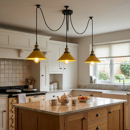 3-Light Spider Pendant – Flat Cone Shades, 12 Colours, E27 - Yellow Brass, Flat Cone 22 cm Yellow, Without Bulb