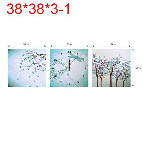 Three-Panel Canvas Wall Clock – 3 x 38 cm, Flamingos, Animals or Winter Scenes - Green Trees & Dragonfly