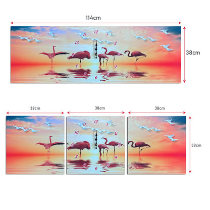 Three-Panel Canvas Wall Clock – 3 x 38 cm, Flamingos, Animals or Winter Scenes - Flamingo Sunset