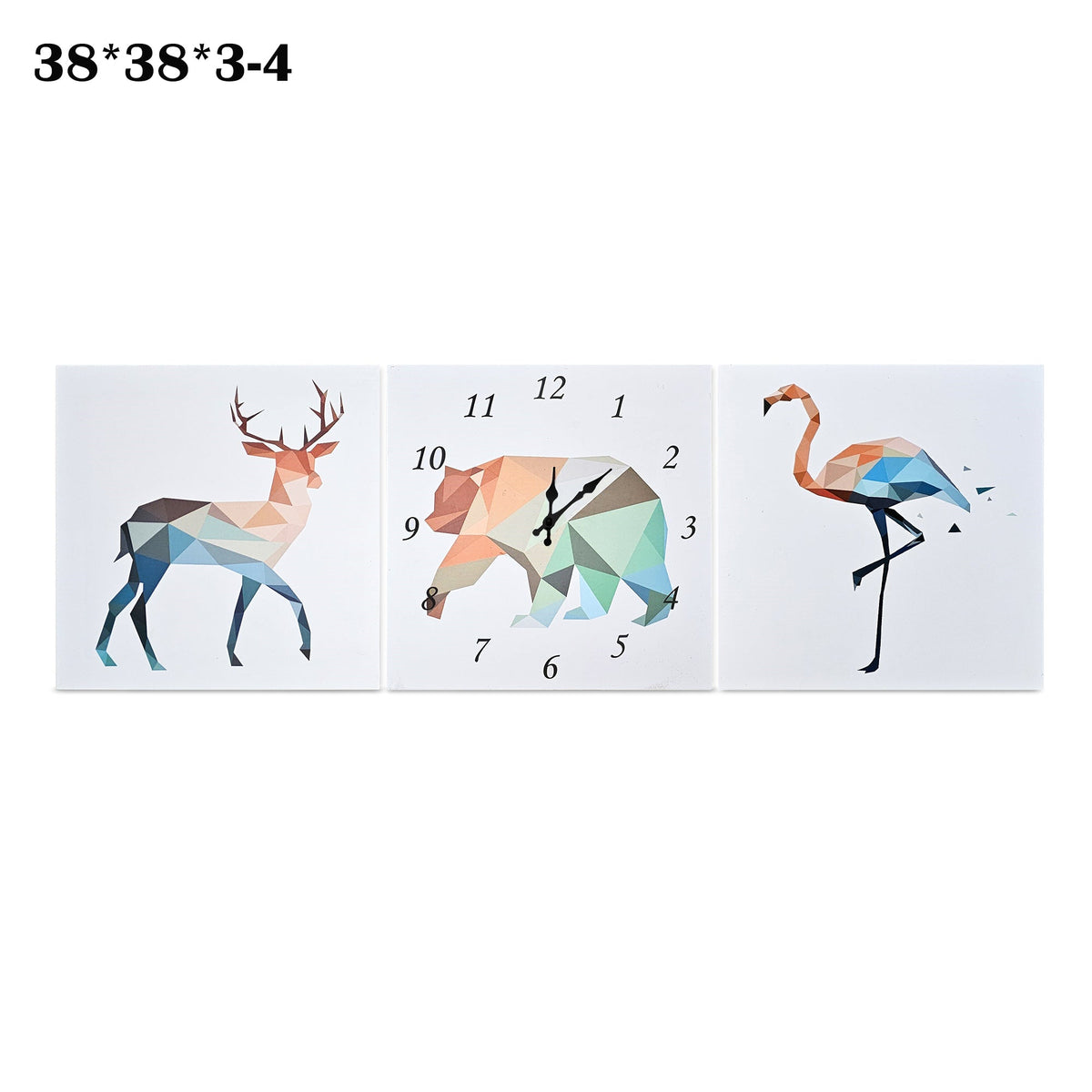 Three-Panel Canvas Wall Clock – 3 x 38 cm, Flamingos, Animals or Winter Scenes - Geometric Deer, Bear & Flamingo