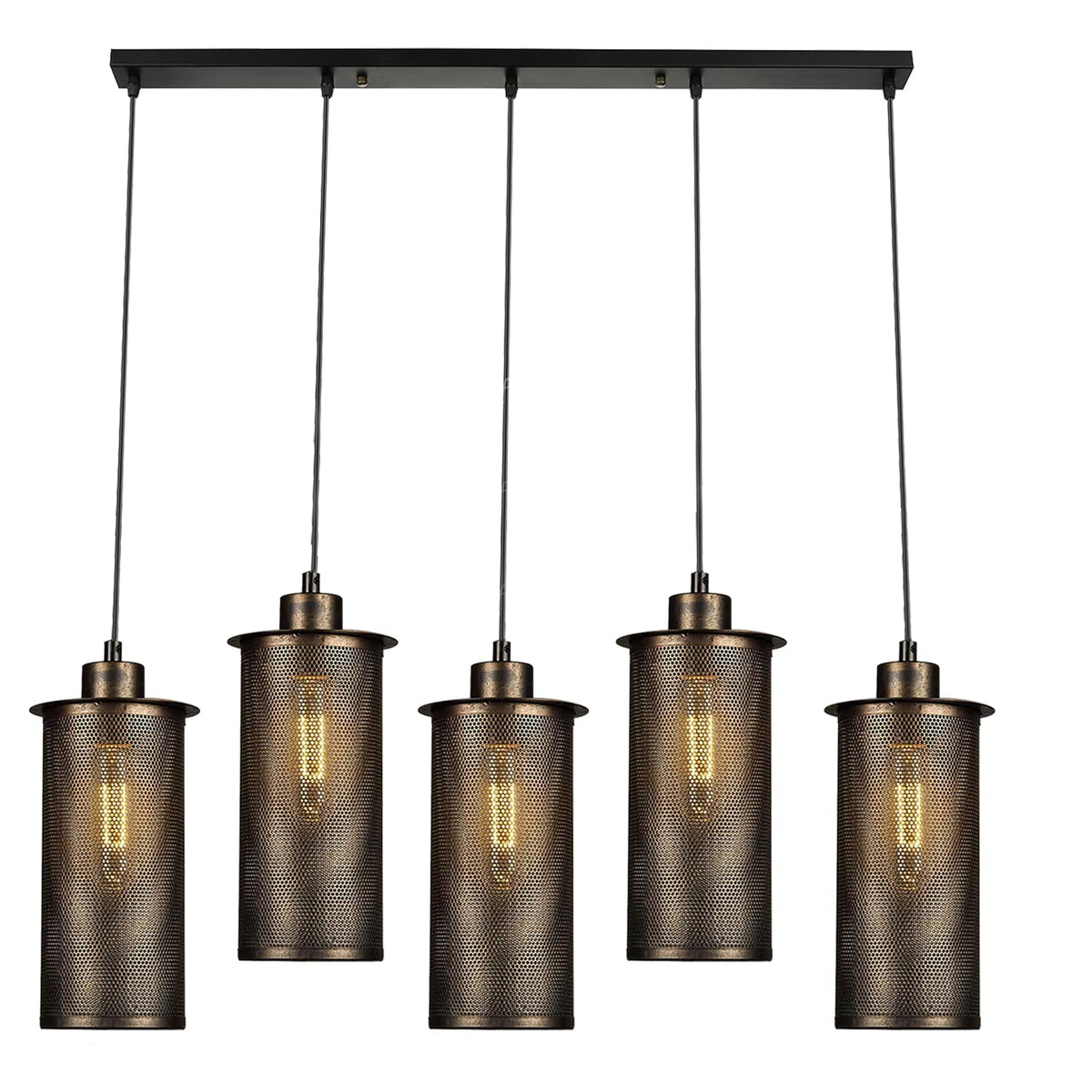 5-Light Cluster Pendant – Wire Cage Shades, Bar or Round Plate, E27 - Brushed Copper, Barrel Cage Brushed Copper, Without Bulb