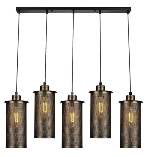 5-Light Cluster Pendant – Wire Cage Shades, Bar or Round Plate, E27 - Brushed Copper, Barrel Cage Brushed Copper, Without Bulb