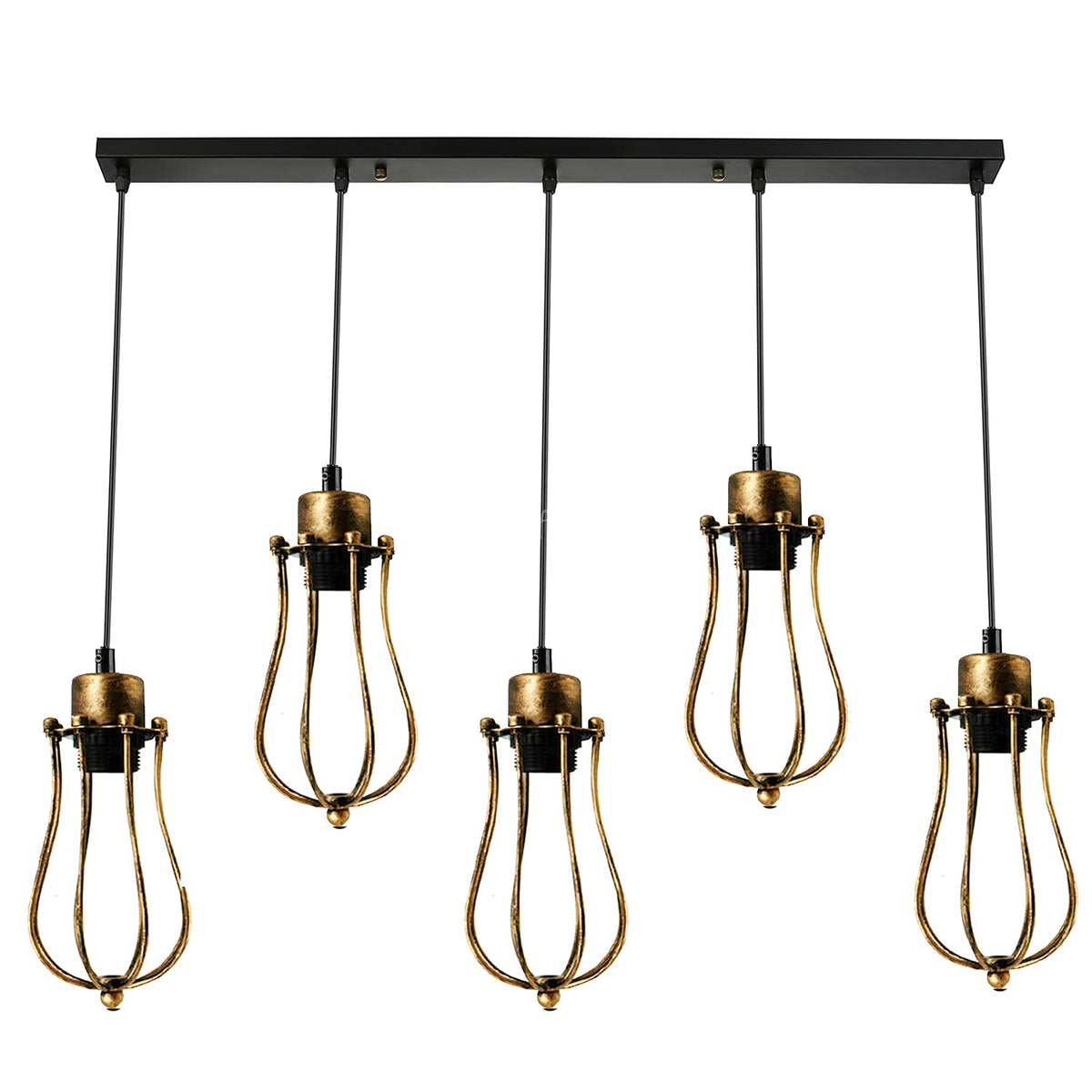 5-Light Cluster Pendant – Wire Cage Shades, Bar or Round Plate, E27 - Brushed Copper, Round Cage Brushed Copper, Without Bulb