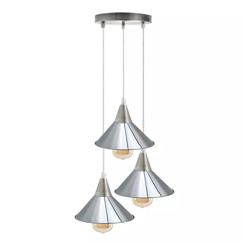 3 Light Cone Cascade Pendant – Chrome or Satin Nickel, E27 - Satin Nickel, Flat Cone 22 cm Chrome, Without Bulb