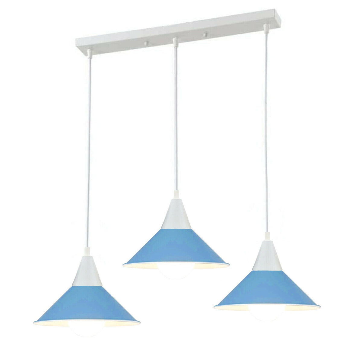 3-Light Bar Pendant Light – White, 22 cm Cone Shades, 6 Colours - White, Flat Cone 22 cm Blue, Without Bulb