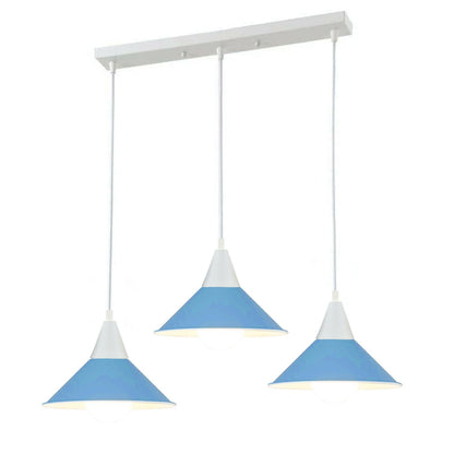 3-Light Bar Pendant Light – White, 22 cm Cone Shades, 6 Colours - White, Flat Cone 22 cm Blue, Without Bulb