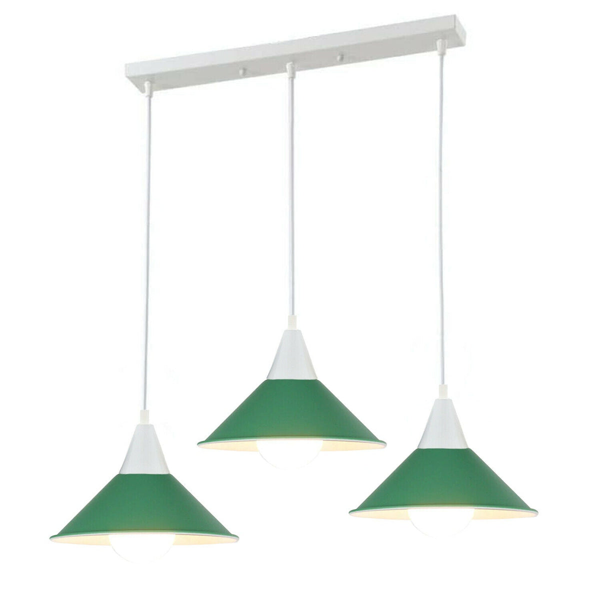 3-Light Bar Pendant Light – White, 22 cm Cone Shades, 6 Colours - White, Flat Cone 22 cm Green, Without Bulb