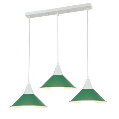 3-Light Bar Pendant Light – White, 22 cm Cone Shades, 6 Colours - White, Flat Cone 22 cm Green, Without Bulb
