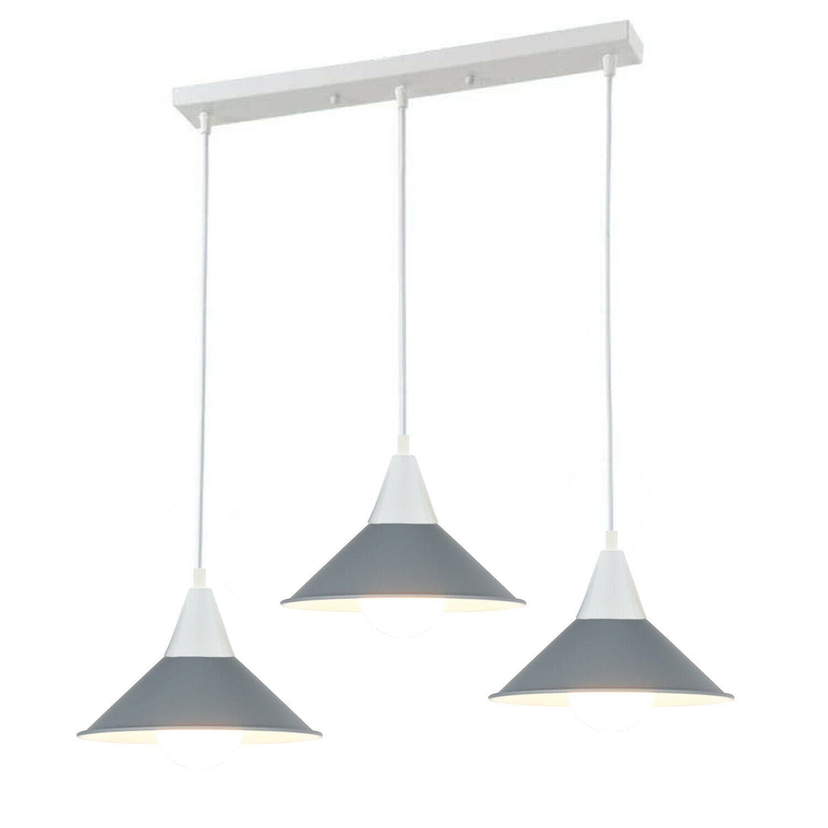 3-Light Bar Pendant Light – White, 22 cm Cone Shades, 6 Colours - White, Flat Cone 22 cm Grey, Without Bulb