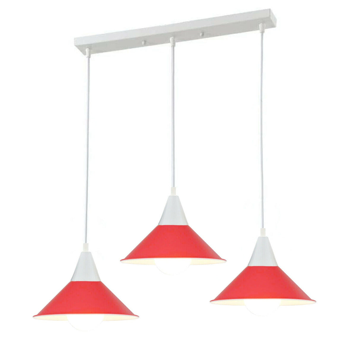 3-Light Bar Pendant Light – White, 22 cm Cone Shades, 6 Colours - White, Flat Cone 22 cm Red, Without Bulb