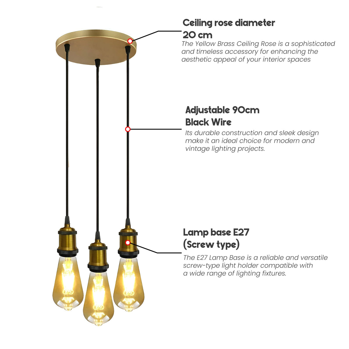 3-Light Cluster Pendant – Braided Flex, Black or Yellow Brass