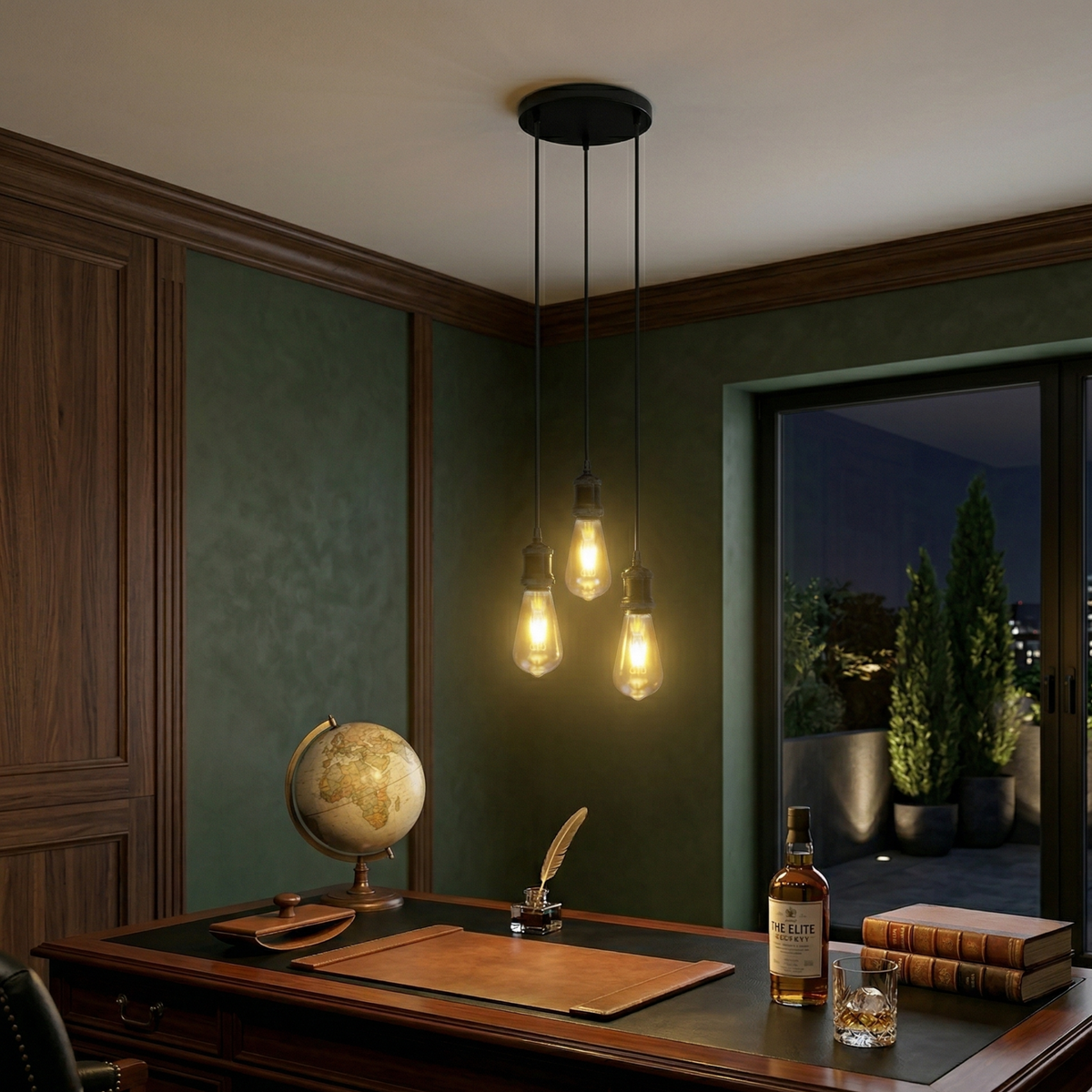 3-Light Cluster Pendant – Braided Flex, Black or Yellow Brass - Black, No Shade, ST64 Bulb