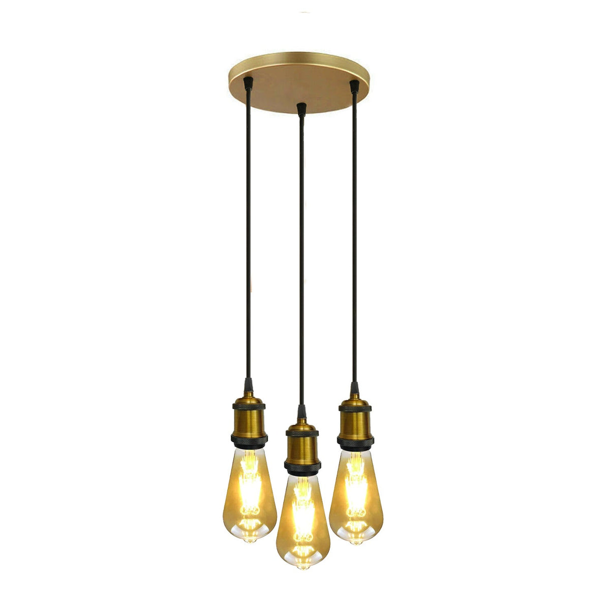 3-Light Cluster Pendant – Braided Flex, Black or Yellow Brass - Yellow Brass, No Shade, ST64 Bulb