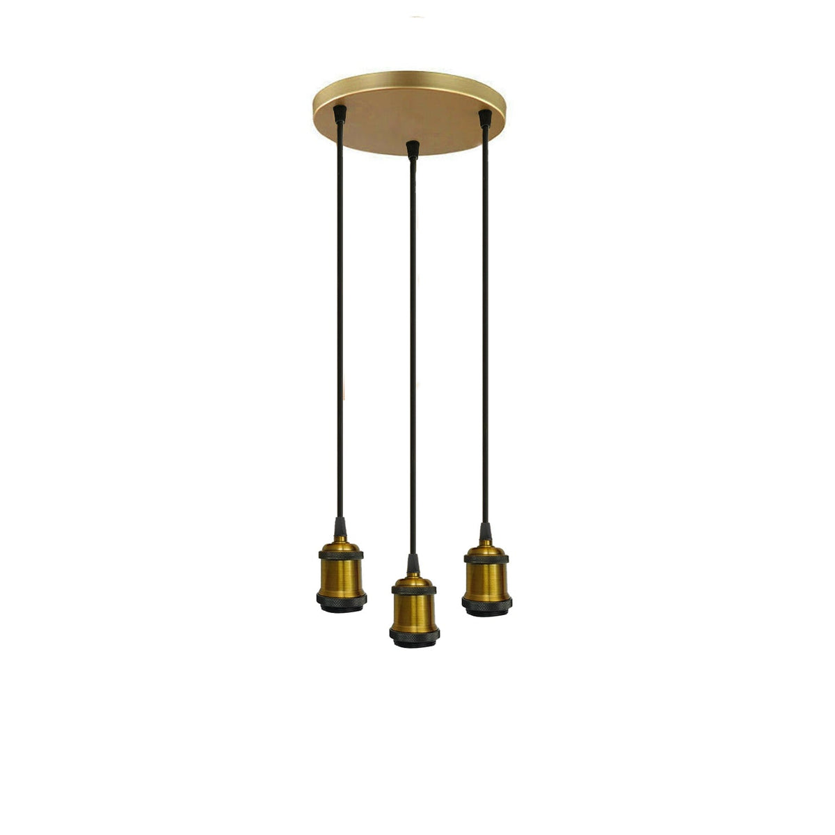 3-Light Cluster Pendant – Braided Flex, Black or Yellow Brass - Yellow Brass, No Shade, Without Bulb
