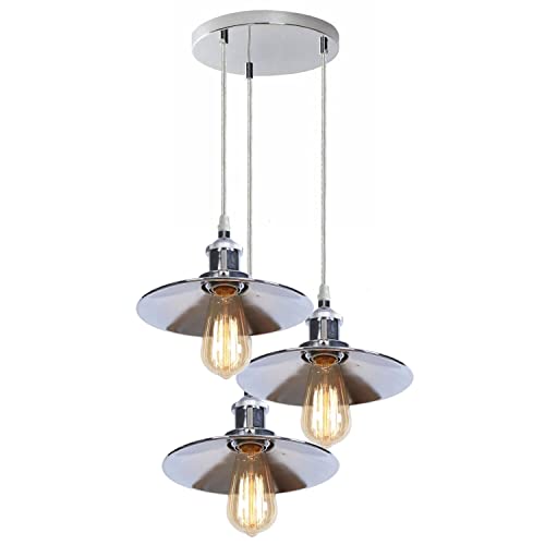3-Light Chrome Cluster Pendant – Flat, Dome or Long Cage Shades - Chrome, Flat Chrome, Without Bulb