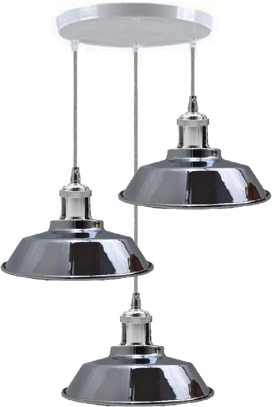 3-Light Chrome Cluster Pendant – Flat, Dome or Long Cage Shades - Chrome, Vintage Dome 22 cm Chrome, Without Bulb