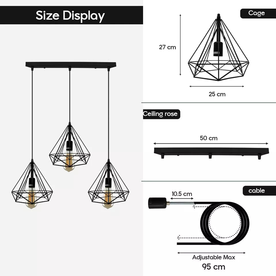 3-Light Diamond Cage Pendant – Bar or Round Ceiling Plate, 6 Colours - photo 2