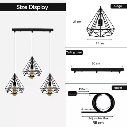 3-Light Diamond Cage Pendant – Bar or Round Ceiling Plate, 6 Colours - photo 2