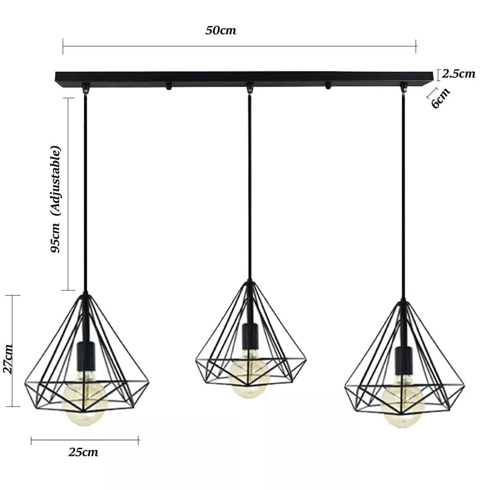3-Light Diamond Cage Pendant – Bar or Round Ceiling Plate, 6 Colours - photo 3