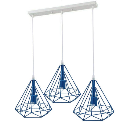 3-Light Diamond Cage Pendant – Bar or Round Ceiling Plate, 6 Colours - Blue, Blue Cages, Ceiling Bar, Without Bulb