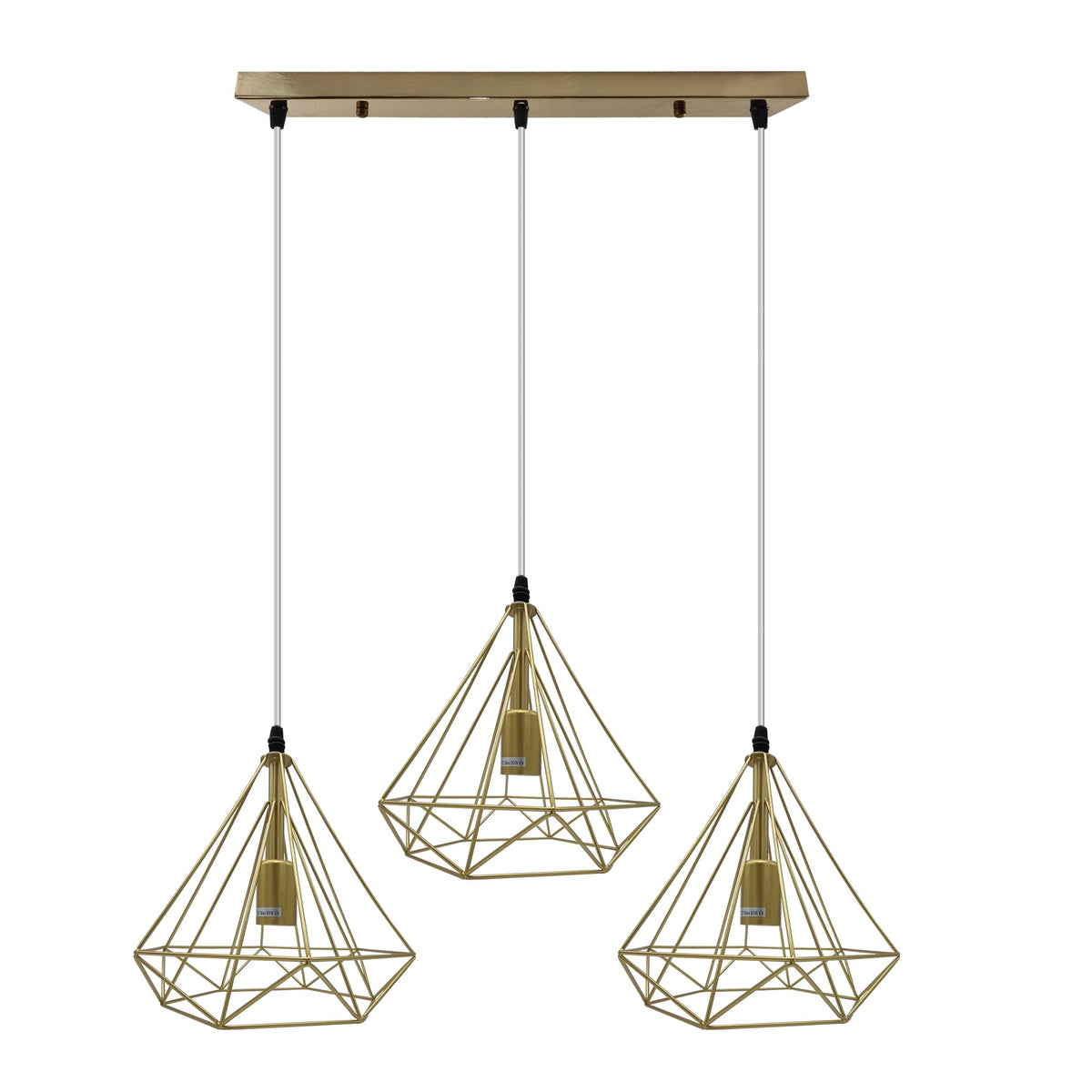 3-Light Diamond Cage Pendant – Bar or Round Ceiling Plate, 6 Colours - Gold, Gold Cages, Gold Ceiling Bar, Without Bulb
