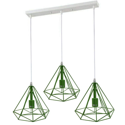 3-Light Diamond Cage Pendant – Bar or Round Ceiling Plate, 6 Colours - Green, Green Cages, Ceiling Bar, Without Bulb