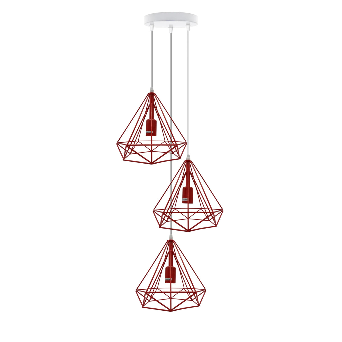 3-Light Diamond Cage Pendant – Bar or Round Ceiling Plate, 6 Colours - Red, Red Cages, Round Ceiling Plate, Without Bulb