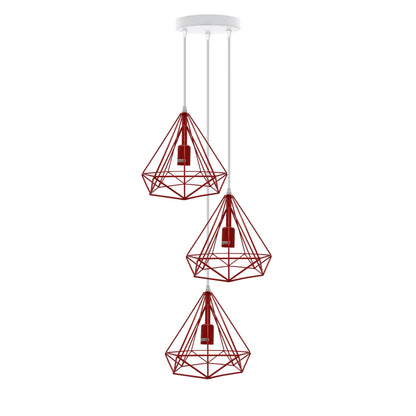 3-Light Diamond Cage Pendant – Bar or Round Ceiling Plate, 6 Colours - Red, Red Cages, Round Ceiling Plate, Without Bulb