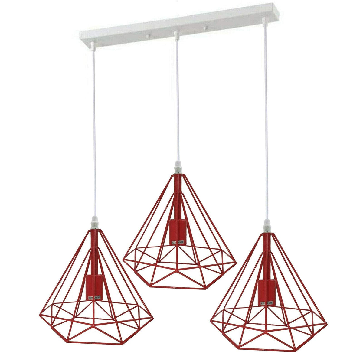 3-Light Diamond Cage Pendant – Bar or Round Ceiling Plate, 6 Colours - Red, Red Cages, Ceiling Bar, Without Bulb