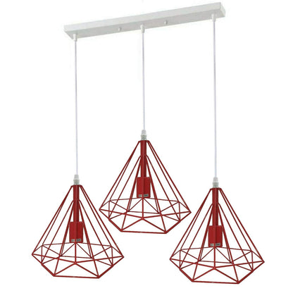 3-Light Diamond Cage Pendant – Bar or Round Ceiling Plate, 6 Colours - Red, Red Cages, Ceiling Bar, Without Bulb